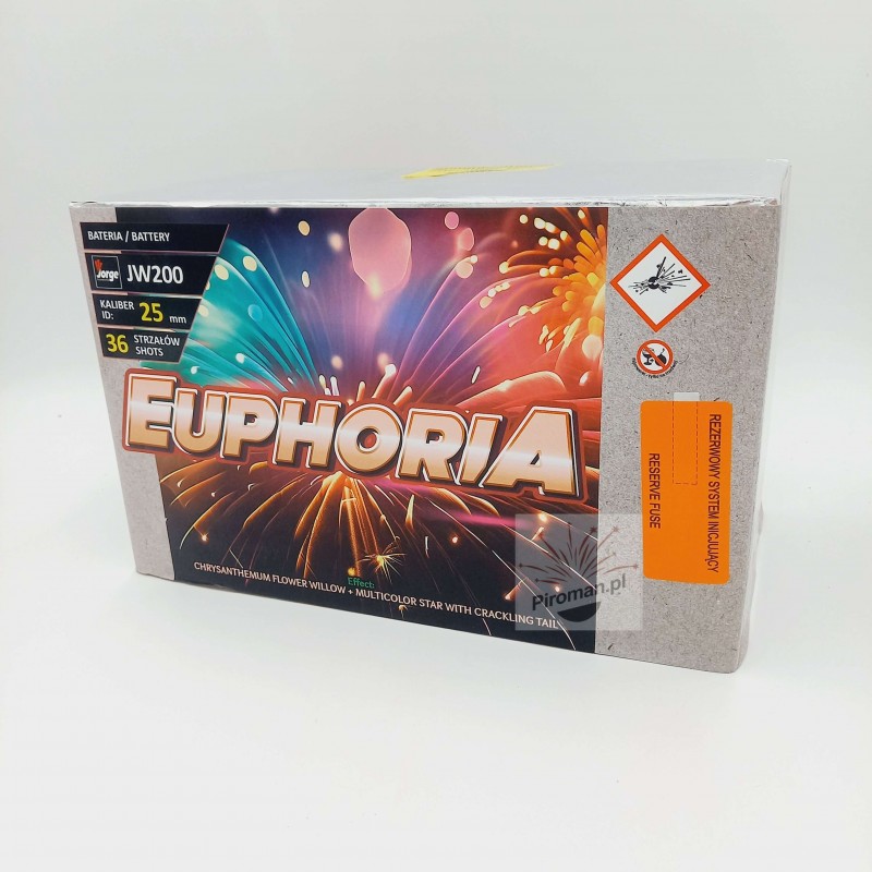 Wyrzutnia Euphoria JW200 Jorge – 36 kątowych strzałów, kaliber 25 mm, efektowny pokaz, dostępna w Piroman.pl