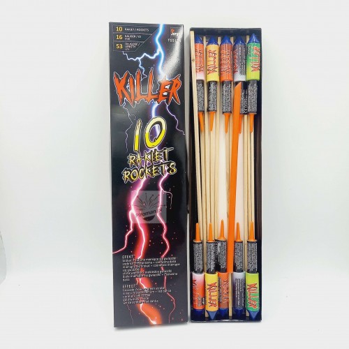 Rakiety Jorge KILLER T0517N – 10 sztuk, mocny lot i efekt, klasa F2, certyfikat CE, dostępne w Piroman.pl