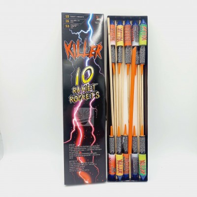 Rakiety Jorge KILLER T0517N – 10 sztuk, mocny lot i efekt, klasa F2, certyfikat CE, dostępne w Piroman.pl