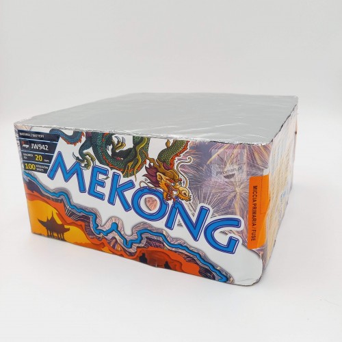 Wyrzutnia Mekong JW942 – 100 strzałów, kaliber 20 mm, 500 g NEC, kolorowe piwonie i złote korony, dostępna w Piroman.pl