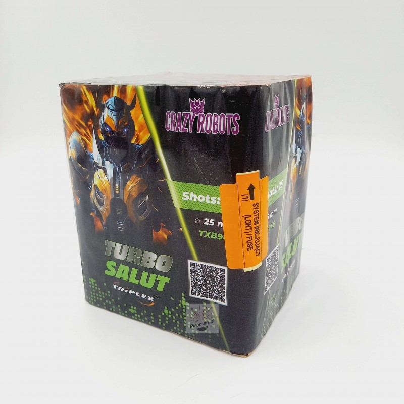 Turbo Salut TXB946 – 25 strzałów 25mm, czerwone i zielone ogony z hukiem, dostępna w Piroman.pl, 18+