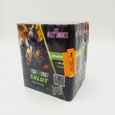 Turbo Salut TXB946 – 25 strzałów 25mm, czerwone i zielone ogony z hukiem, dostępna w Piroman.pl, 18+